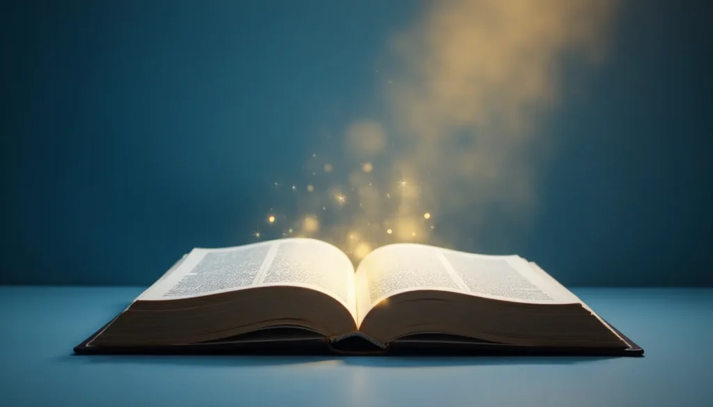 Livro aberto em fundo azul, emitindo luz e partículas brilhantes, simbolizando a magia da leitura e do conhecimento.