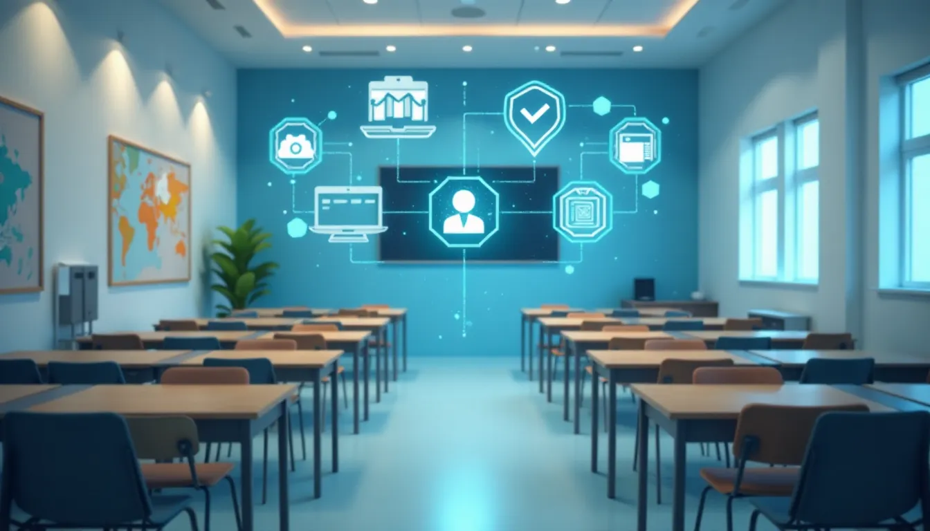 Sala de aula moderna com mesas organizadas, iluminação natural e uma tela interativa exibindo ícones de tecnologia e educação, simbolizando integração digital no ensino.