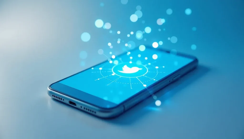Imagem de um smartphone exibindo o logotipo do Twitter em um fundo azul, com elementos gráficos digitais representando conectividade e interação social.