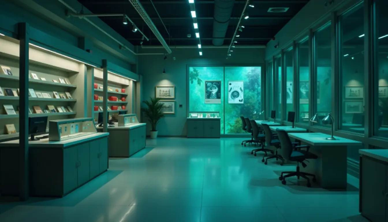 Ambiente interno de um espaço de pesquisa com mesas de trabalho, prateleiras exibindo livros e objetos, e uma grande janela mostrando um cenário aquático. A iluminação é suave, formando uma atmosfera tranquila e moderna.