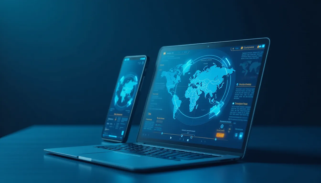 Computador portátil e smartphone exibindo gráficos de dados e um mapa-múndi em um ambiente digital escuro, representando análise de dados e tecnologia.
