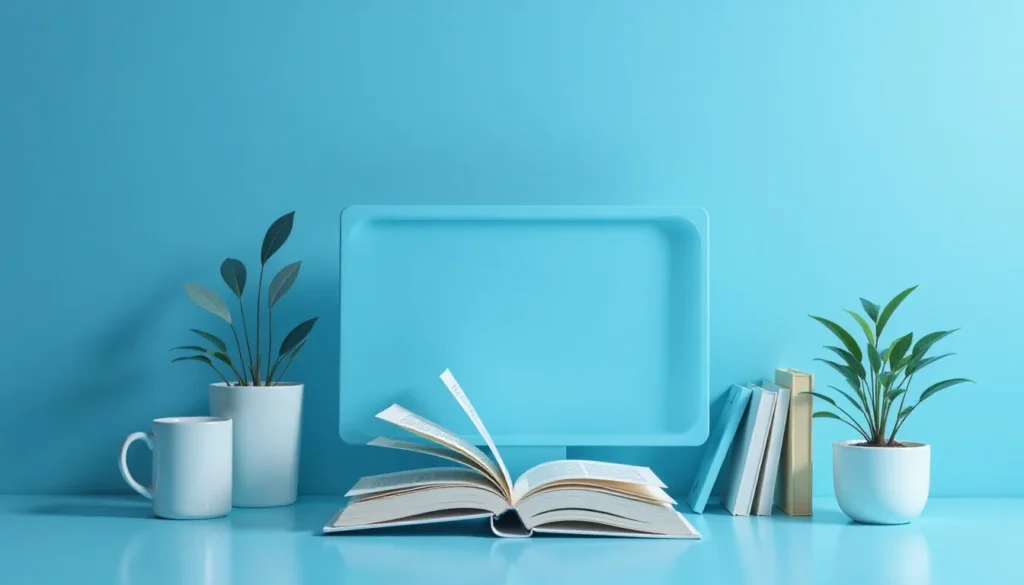 Ambiente de estudo minimalista com fundo azul, apresentando um livro aberto, um tray azul, um copo, e plantas em vasos brancos, criando uma atmosfera tranquila e produtiva.