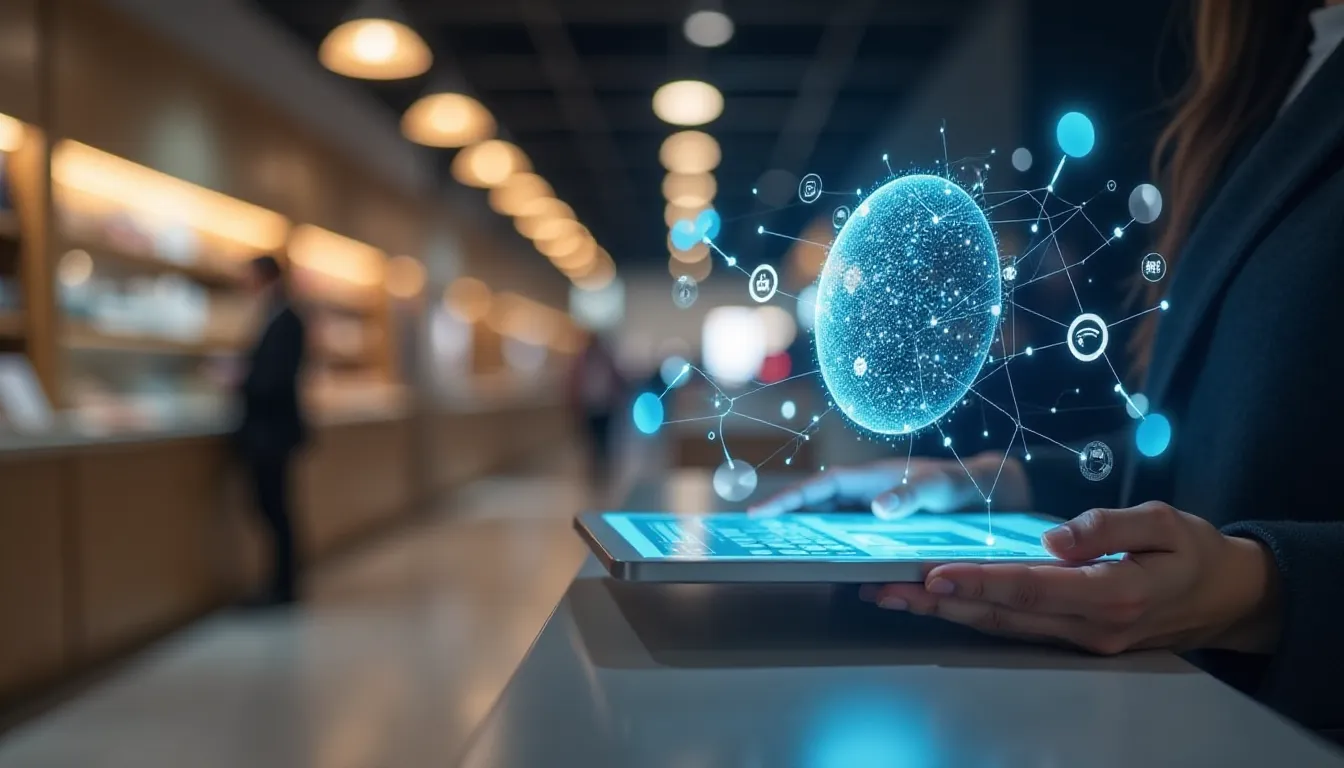 Mão segurando tablet com gráficos de tecnologia e conectividade digital em primeiro plano, em um ambiente moderno de café ou escritório.