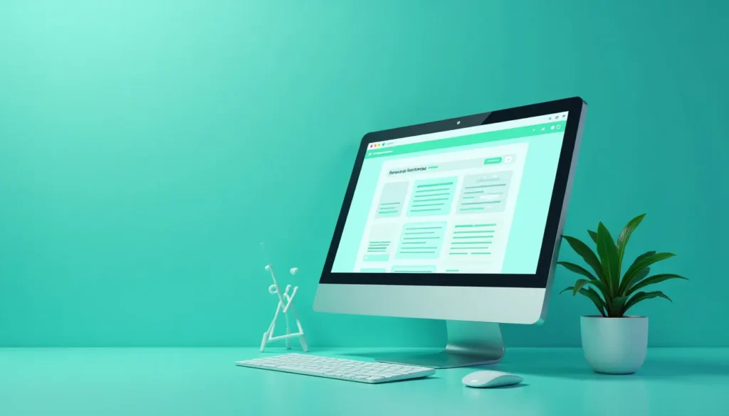 Computador moderno com tela mostrando layout de site, teclado e mouse brancos sobre mesa verde água, acompanhado de uma planta em vaso branco. Ideal para temas de design e tecnologia.