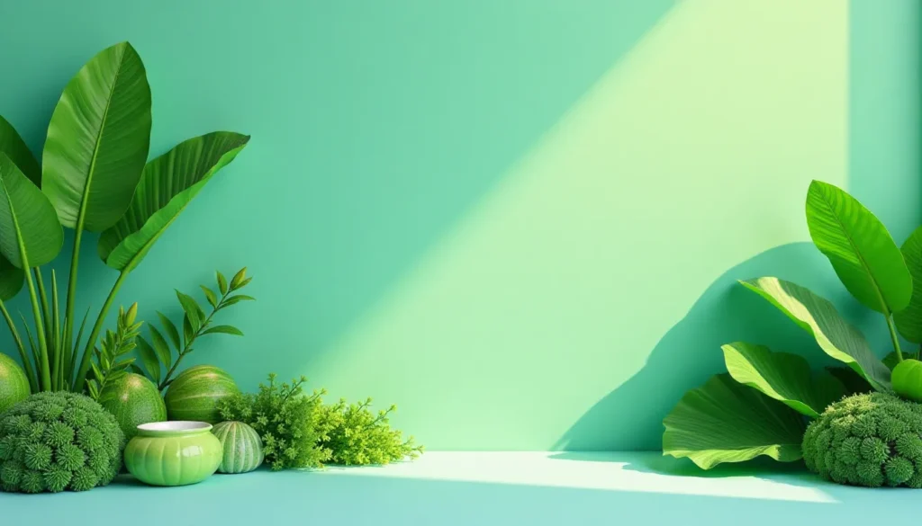 Composição de plantas verdes em vasos sobre uma superfície azul, com fundo verde claro. Folhagens grandes e arredondadas misturadas com pequenas plantas e elementos decorativos, criando um ambiente fresco e natural. Ideal para decoração de interiores.