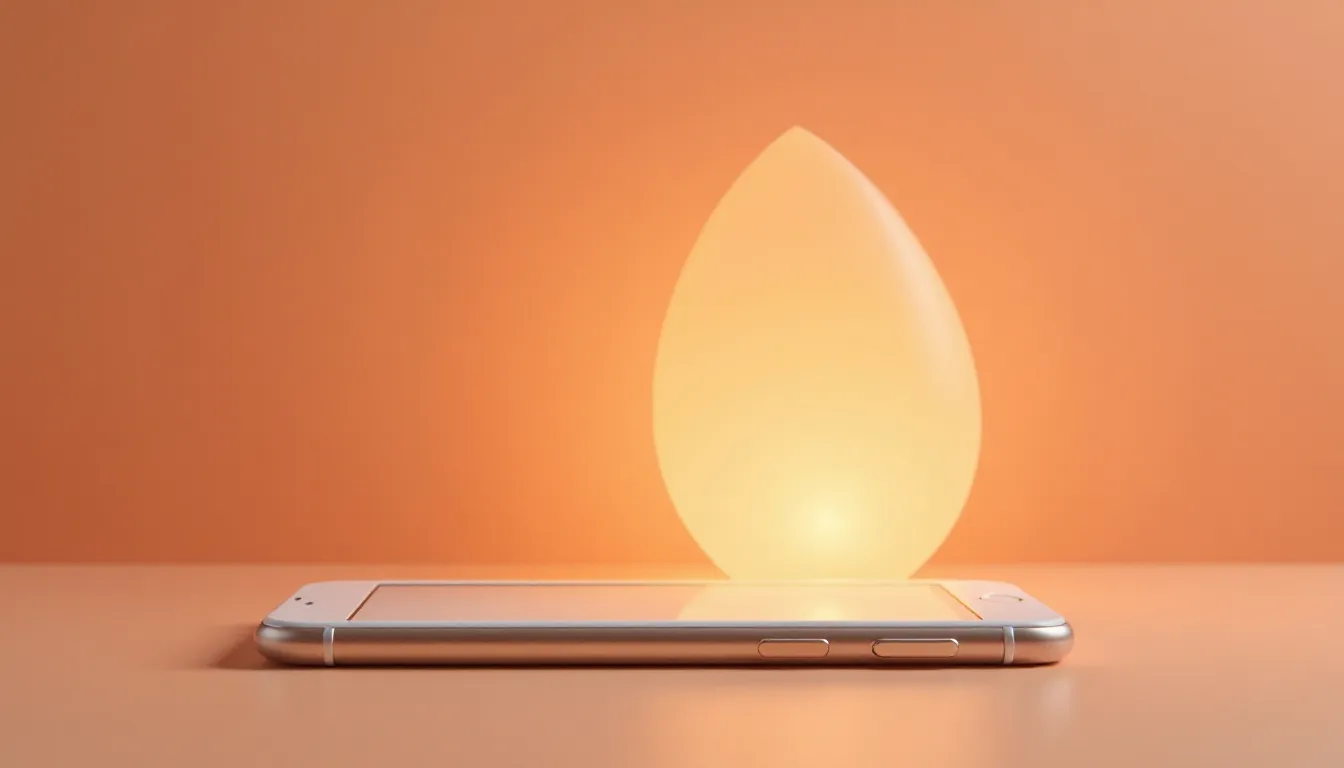 Imagem de um smartphone metálico prateado apoiado em uma superfície laranja, com uma lâmpada em formato de gota iluminando suavemente ao fundo. A imagem destaca a harmonia de cores quentes e a estética moderna dos objetos.