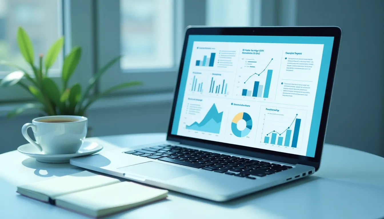 Laptop com gráficos e relatórios de dados na tela, ao lado de uma xícara de café e um bloco de notas, em um ambiente de trabalho bem iluminado.