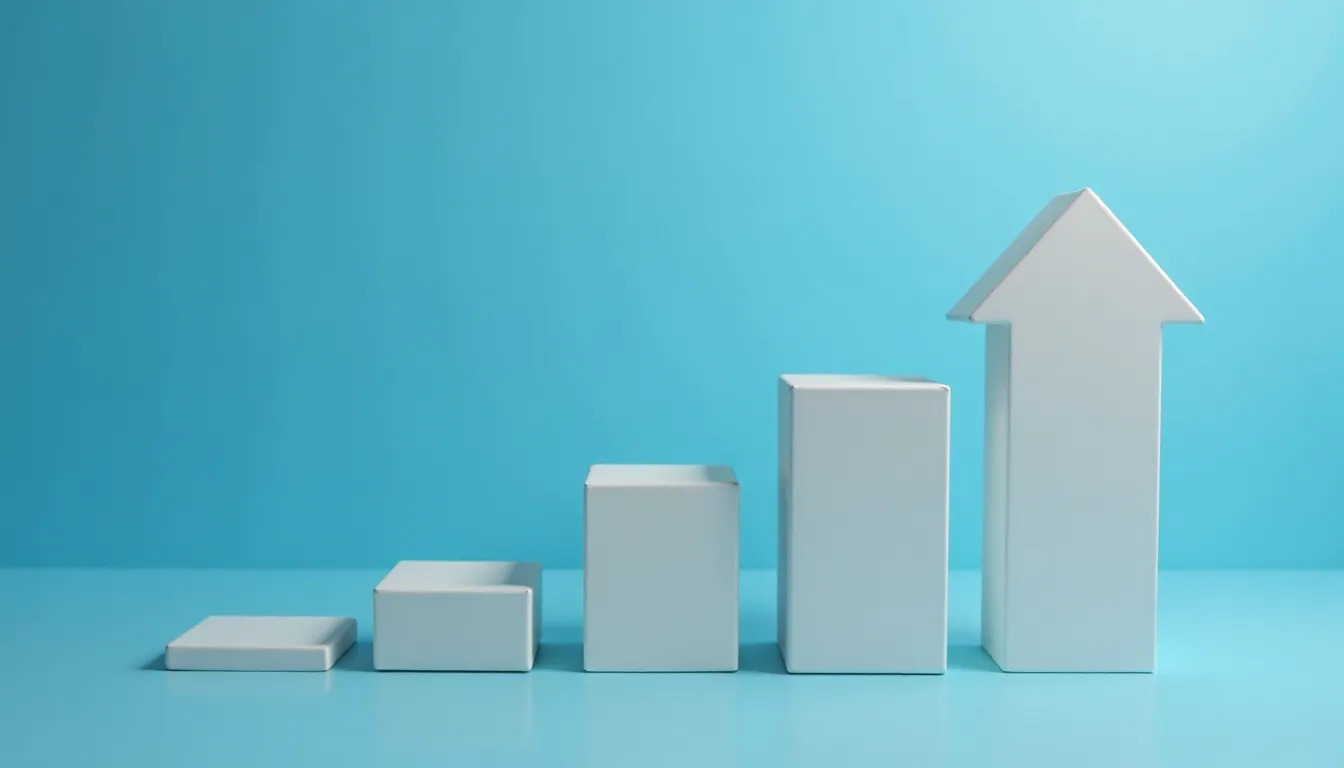 Gráfico de barras em branco mostrando crescimento com fundo azul.