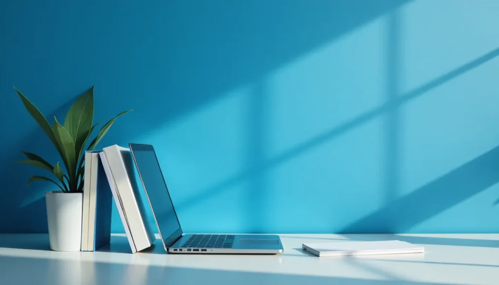 Ambiente de trabalho moderno com laptop prateado, dois livros em pé e uma planta em vaso branco sobre mesa clara, com fundo azul e sombras suaves.