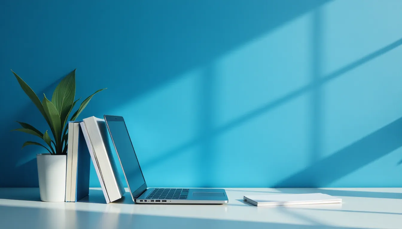 Ambiente de trabalho moderno com laptop prateado, dois livros em pé e uma planta em vaso branco sobre mesa clara, com fundo azul e sombras suaves.