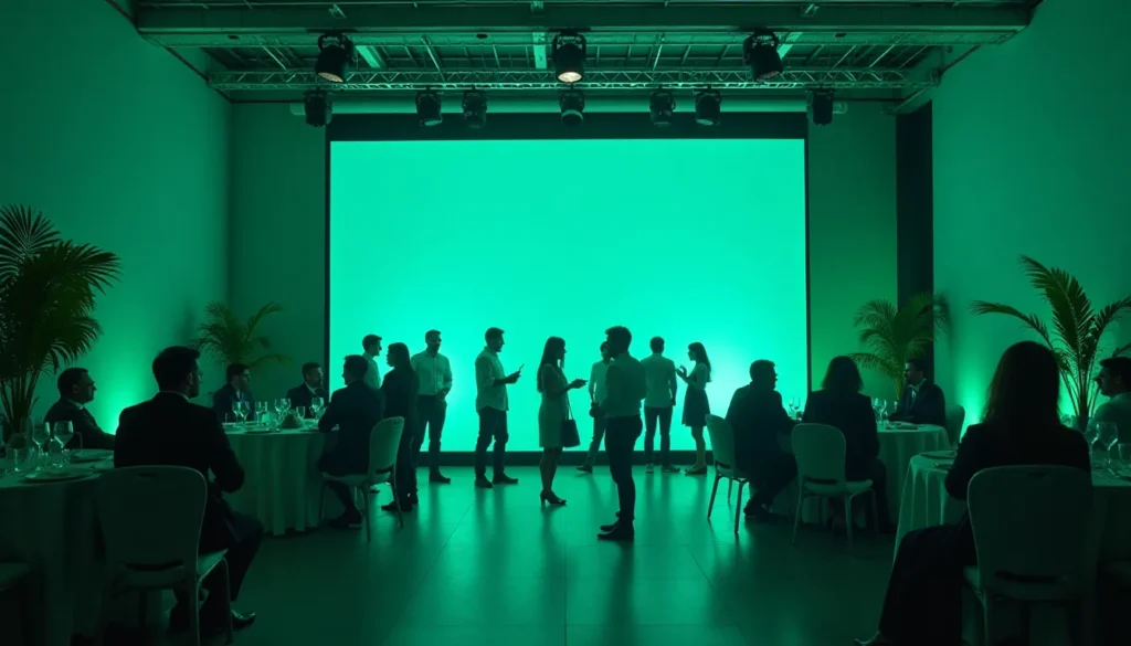 Evento social em ambiente iluminado com luz verde, mostrando pessoas em interação e mesas de jantar, ideal para networking e celebrações.