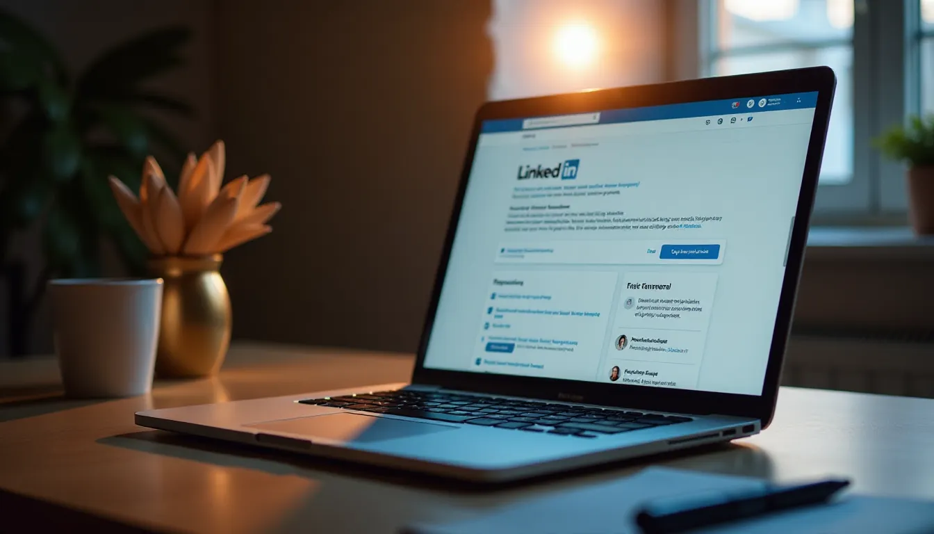 Laptop aberto exibindo a página inicial do LinkedIn, com ambiente de trabalho iluminado por luz natural. Em destaque, um vaso com flores e uma xícara branca sobre a mesa.