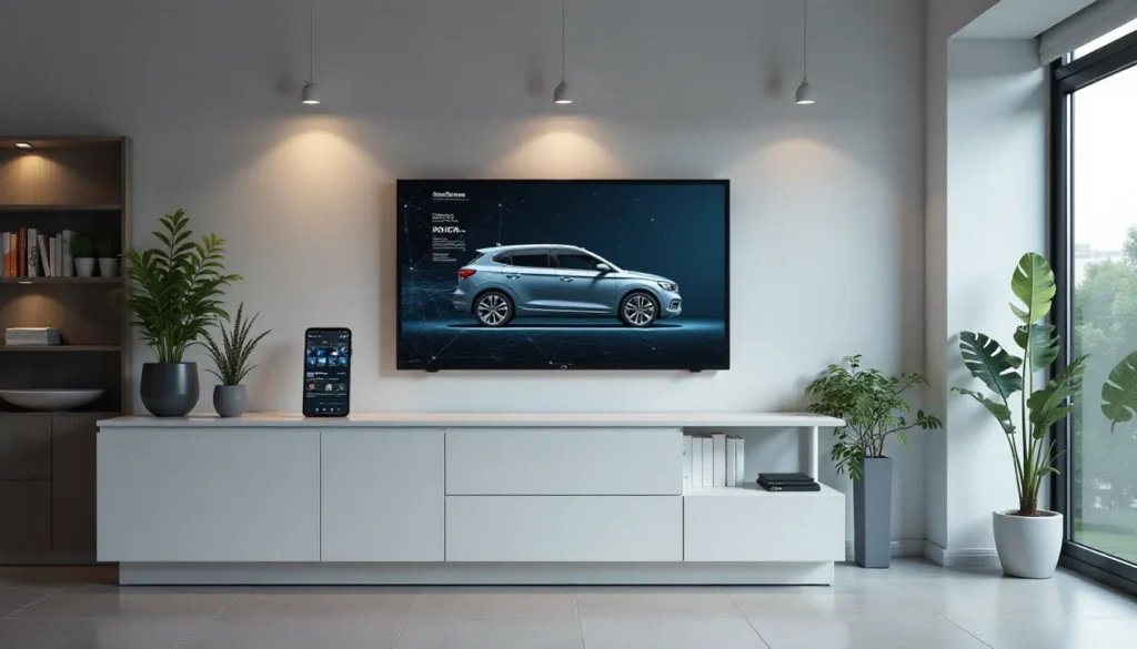 Imagem de uma sala moderna com uma televisão exibindo um carro prateado em um fundo tecnológico. Um smartphone com interface de controle remoto está posicionado em uma mesa de centro, complementado por plantas decorativas e iluminação suave. Ambiente elegante e contemporâneo.