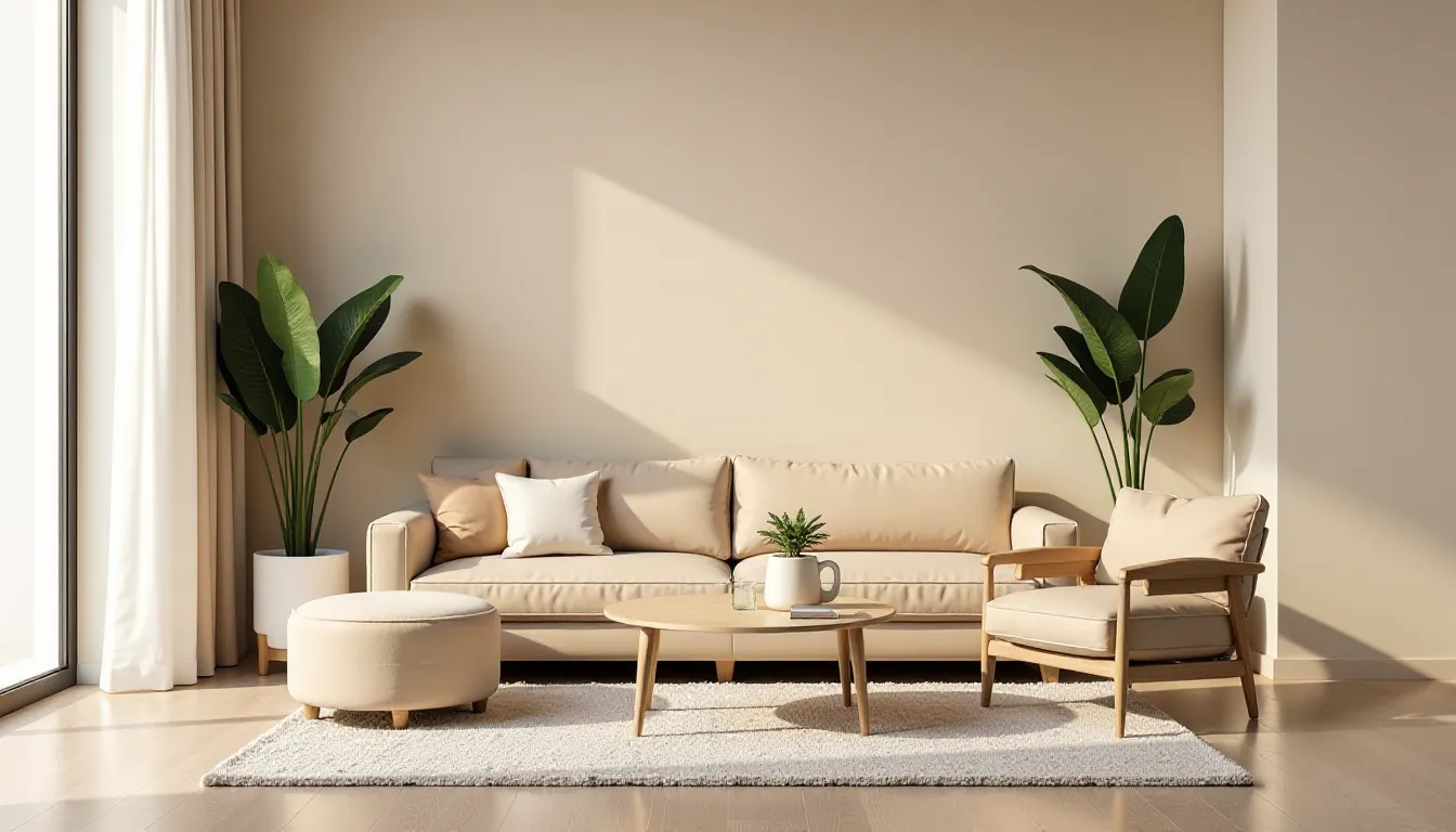 Sala de estar moderna com sofá de material claro, mesas de madeira, almofadas, mesa de centro e plantas verdes, iluminada por luz natural.