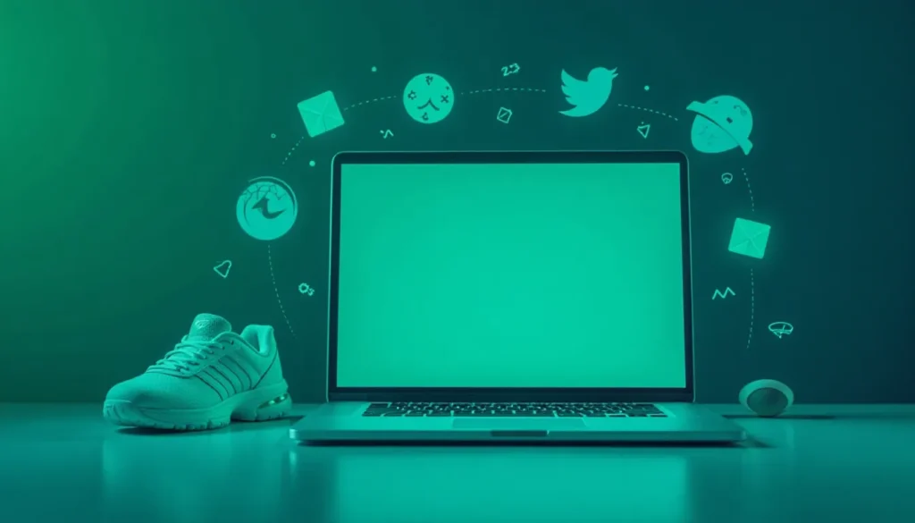 Imagem de um laptop com tela vazia, ao lado de um tênis e ícones de comunicação digital, como redes sociais e e-mails, sobre um fundo verde.