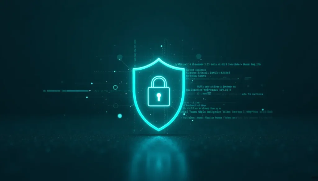 Imagem ilustrativa de um escudo digital com um cadeado, simbolizando segurança cibernética, com fundo tecnológico e códigos digitais, representando proteção de dados e privacidade.