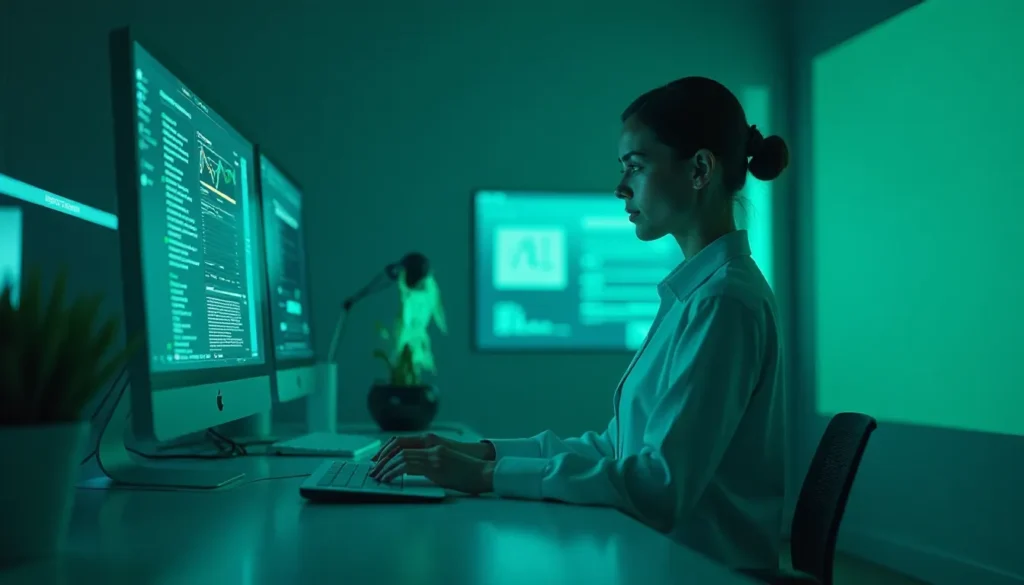 Profissional de tecnologia trabalhando em computador, analisando dados de inteligência artificial em um ambiente com iluminação verde, destacando a importância da análise de dados e da inovação tecnológica.