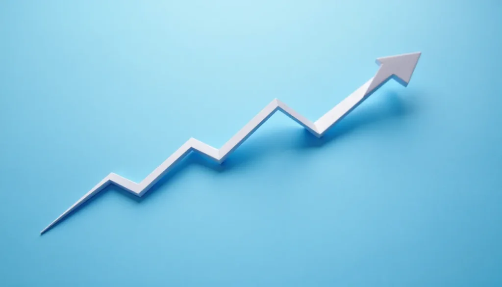 Gráfico de crescimento em linha crescente, representando aumento de desempenho, sobre fundo azul.