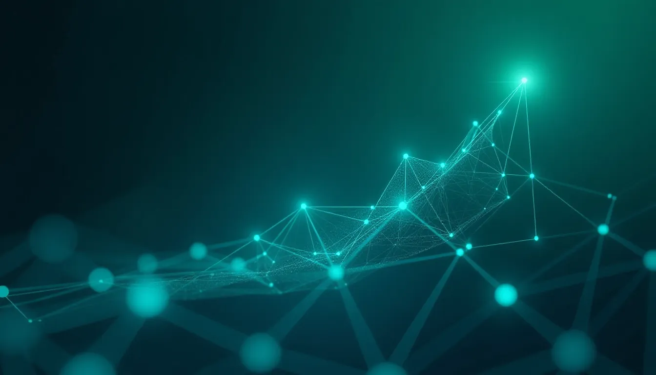 Imagem abstrata representando um gráfico de dados em um fundo verde escuro com pontos e linhas interconectados, simbolizando análise de dados e tecnologia.