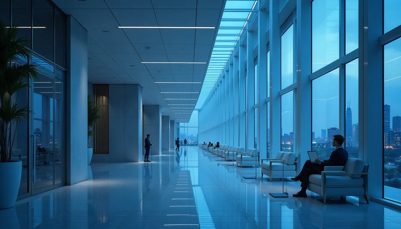 Vista interna de um corredor moderno e iluminado de um prédio comercial, com grandes janelas que oferecem uma vista da cidade. Pessoas sentadas e em pé, algumas utilizando dispositivos eletrônicos, em um ambiente com decoração minimalista e plantas em vasos. A luz azulada e o design sofisticado criam uma atmosfera contemporânea.