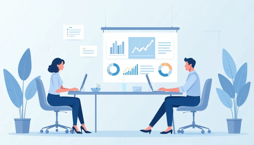Dois profissionais trabalhando em um ambiente de escritório moderno, analisando gráficos e dados em laptops, com um grande quadro de apresentações ao fundo. Plantas decorativas completam o cenário.