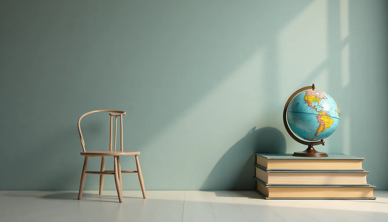 Canto de estudo minimalista com uma cadeira de madeira, um globo terrestre colorido sobre uma pilha de livros empilhados e parede azul clara ao fundo.