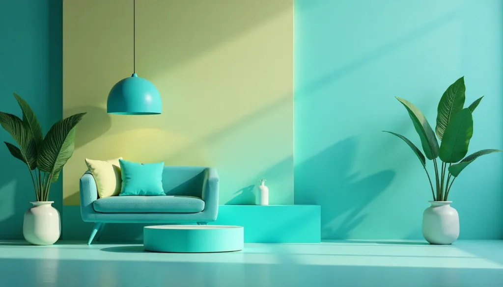 Ambiente moderno com sofá azul, almofadas em tons claros, planta em vaso e luminária pendente, destacando paredes em verde e amarelo, ideal para decoração de interiores.