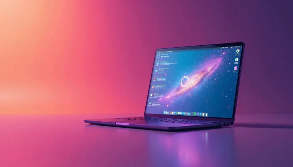 Laptop moderno com tela iluminada em fundo colorido, exibindo uma interface de sistema operacional e aplicativos na tela.