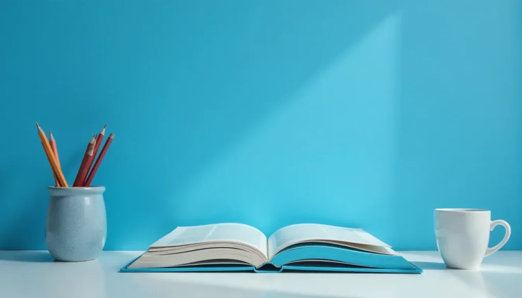 Livro aberto em cima de uma mesa branca, com canetas coloridas em um vaso ao lado e uma xícara branca, contra um fundo azul vibrante. Ideal para temas de estudo, aprendizado e organização de espaço de trabalho.