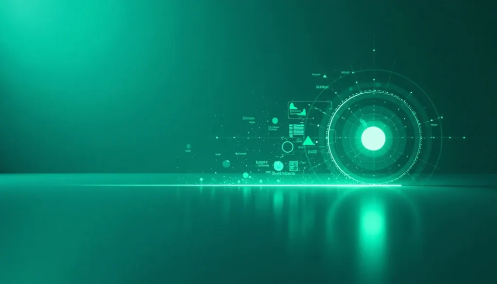 Imagem digital em tom verde, apresentando elementos gráficos de análise de dados, como gráficos, ícones e textos, sobre um fundo liso e brilhante. A composição sugere um ambiente tecnológico e futurista, ideal para temas relacionados à ciência de dados e inovação.