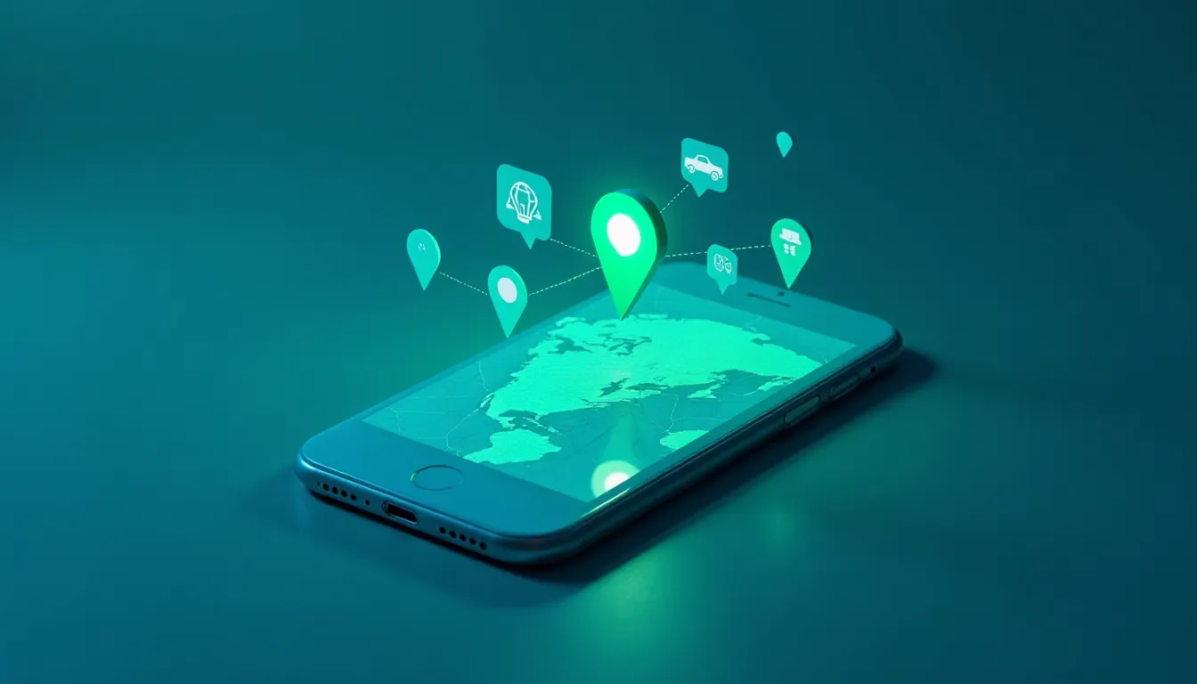 Imagem de um smartphone exibindo um mapa em azul com marcadores verdes de localização, simbolizando serviços de trânsito e navegação.
