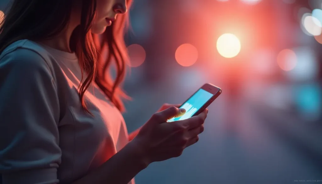 Mulher com cabelo ondulado segurando um smartphone em um ambiente com luzes difusas e coloridas. A imagem captura a atenção dela enquanto ela interage com o dispositivo, refletindo a conexão entre tecnologia e vida cotidiana.