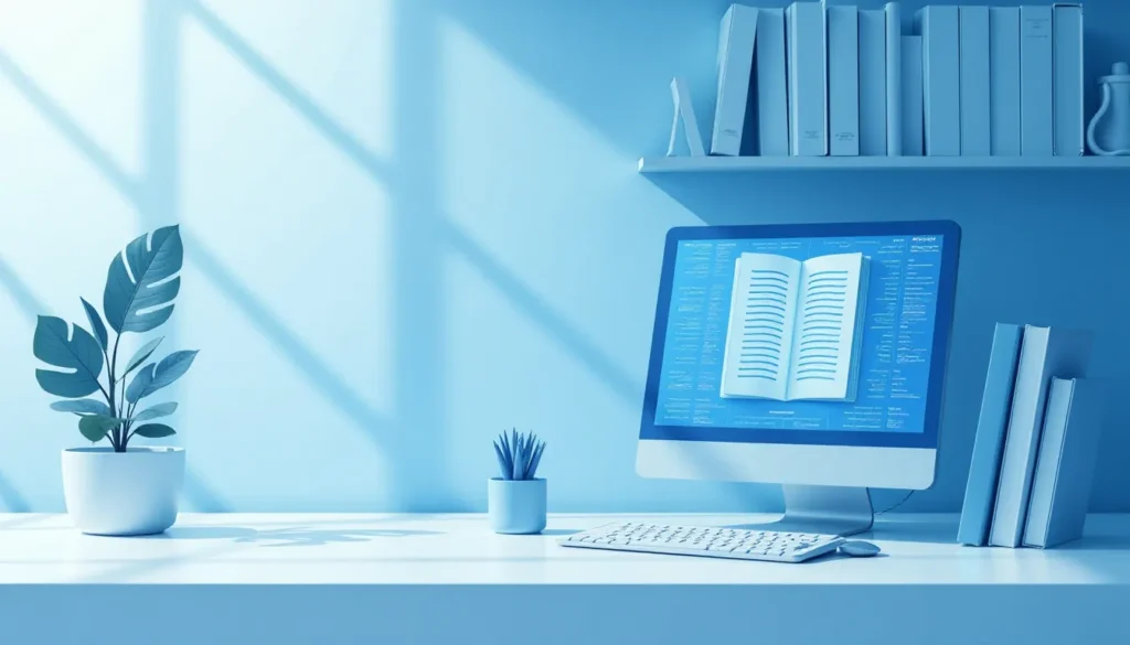 Escrivaninha moderna com computador exibindo uma página de livro digital, decorada com plantas verdes em vasos brancos e estantes de livros ao fundo. A iluminação suave destaca o ambiente tranquilo e organizado.