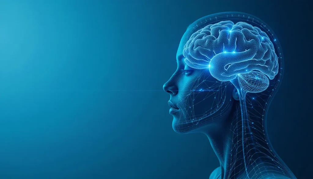 Imagem digital de um cérebro em estilo futurista projetado sobre o perfil de uma mulher, destacando conexões neurais em um fundo azul, simbolizando estudos sobre neurociência e inteligência artificial.