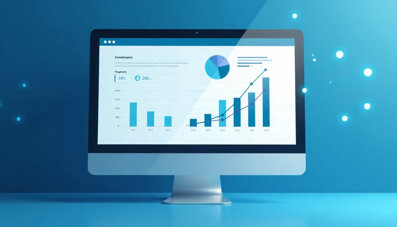 Imagem de um computador exibindo gráficos de dados em um fundo azul. A tela mostra uma apresentação visual com barras e um gráfico de linhas, destacando estatísticas e projeções de desempenho. Ideal para temas relacionados a análise de dados e business intelligence.