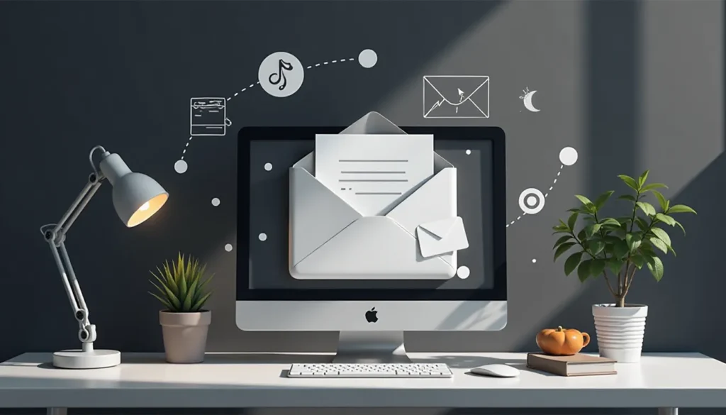 Imagem de um escritório moderno com um computador Apple exibindo um envelope no monitor, simbolizando comunicação digital. A mesa tem uma lâmpada de mesa, uma planta em vaso e um pequeno livro, criando um ambiente de trabalho inspirador e organizado.