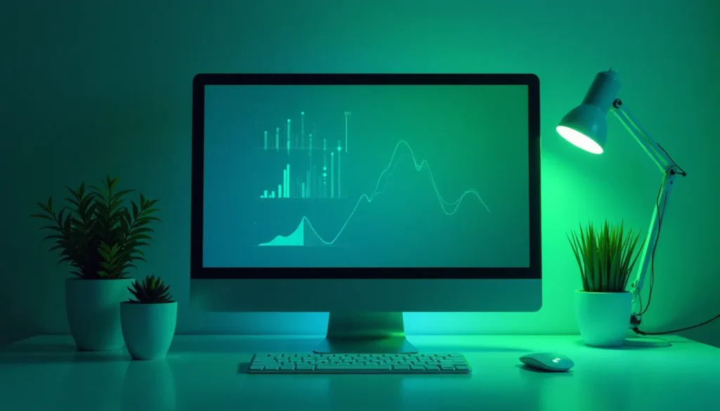 Imagem de um computador moderno exibindo gráficos de dados em um fundo verde neon, com uma mesa organizada que inclui uma planta e uma lâmpada de mesa. A cena transmite uma atmosfera de trabalho e análise de dados.