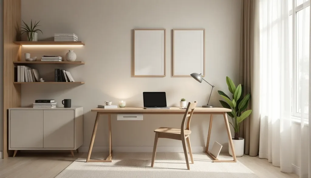 Escritório moderno e minimalista com mesa de madeira clara, cadeira, notebook, lâmpada de mesa, planta decorativa e prateleira com livros. Ambiente iluminado por grandes janelas e decorado em tons neutros.