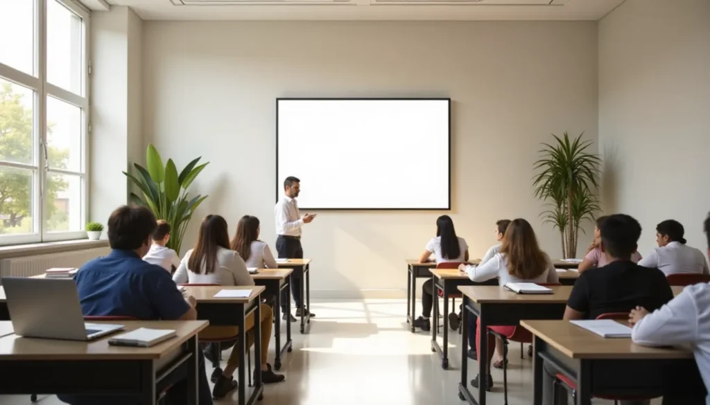 Sala de aula moderna com um professor apresentando para alunos sentados em mesas, com um projetor de tela em branco ao fundo e plantas decorativas nas janelas.