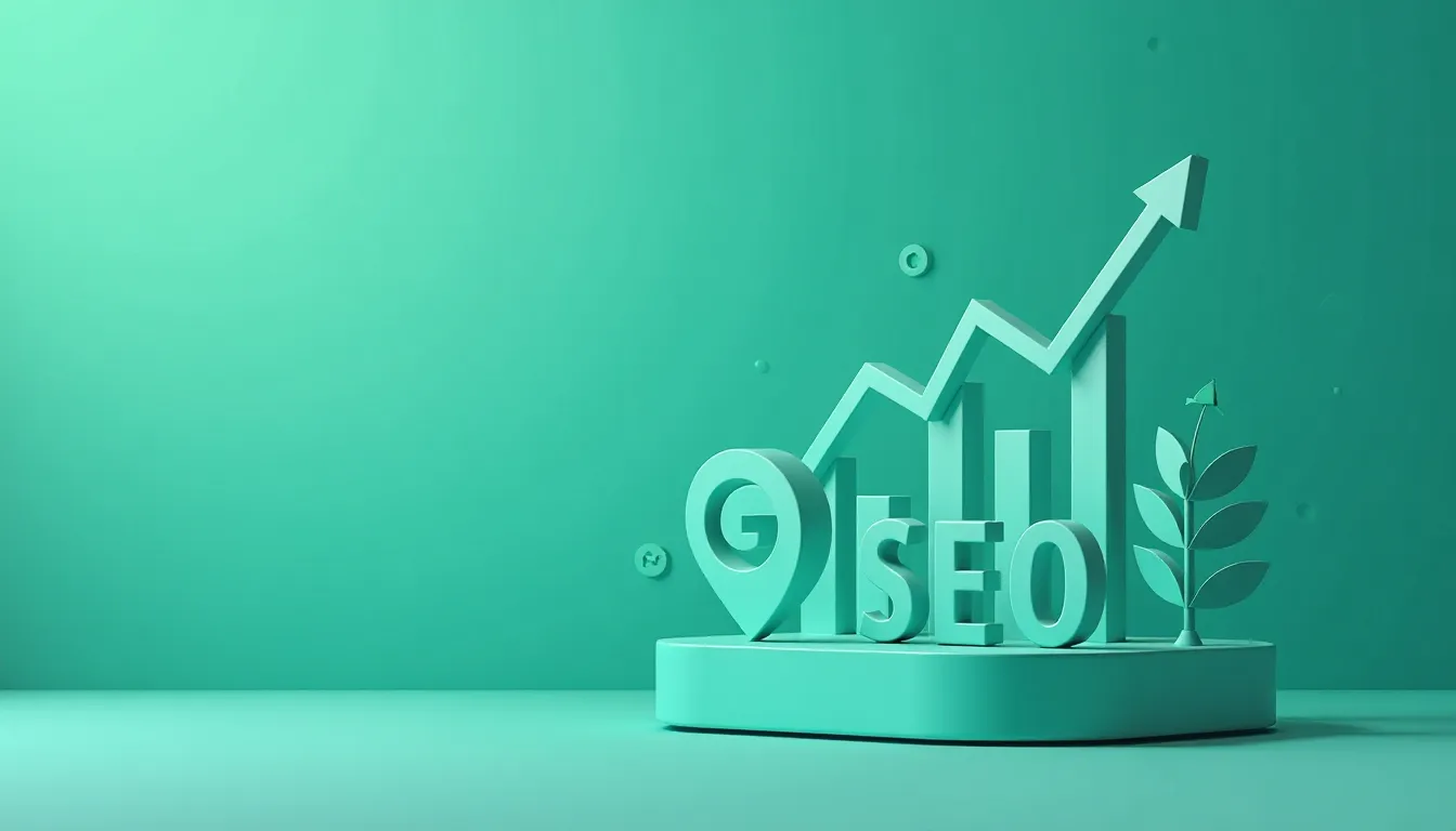 Imagem ilustrativa sobre SEO, apresentando um gráfico de crescimento com setas ascendentes e elementos como a palavra "SEO" e uma planta, em um fundo verde claro.