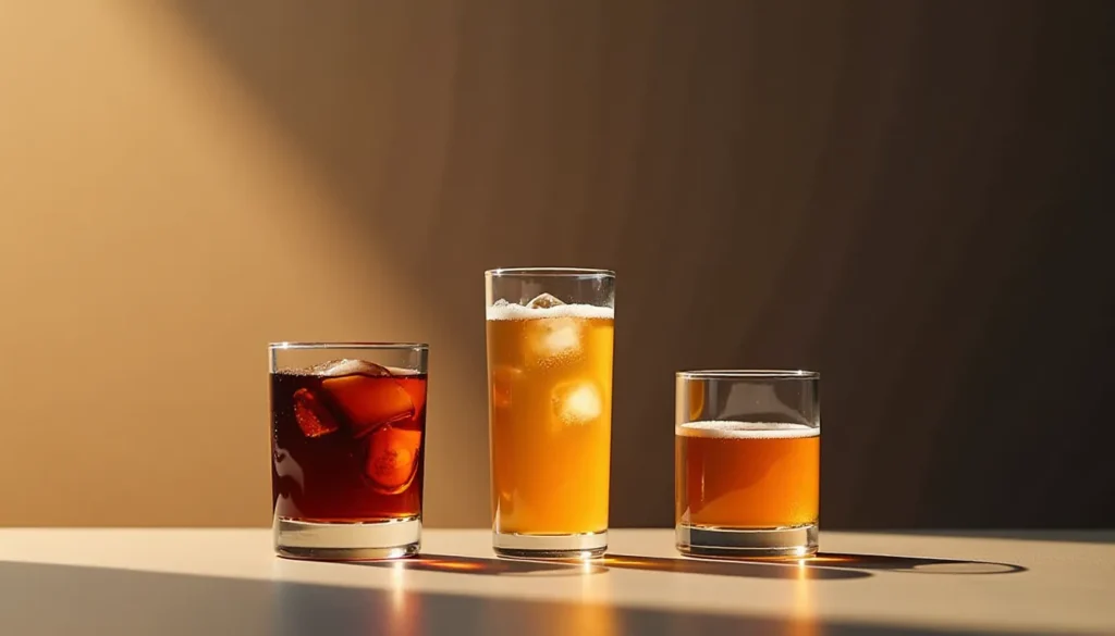Três copos com bebidas diferentes: um copo de vidro com refrigerante escuro e gelo, um copo alto com suco dourado e outro copo baixo contendo uma bebida amarelada. A luz suave ilumina as bebidas com fundo neutro.