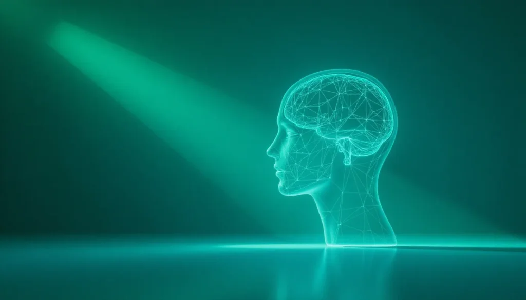 Modelo 3D de uma cabeça humana em um fundo verde, representando a inteligência artificial e a tecnologia, com uma iluminação sutil destacando a forma.