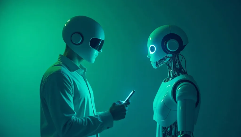 Homem usando um dispositivo móvel interagindo com um robô em um cenário futurista, iluminado por uma luz verde, destacando a conexão entre humanos e tecnologia.