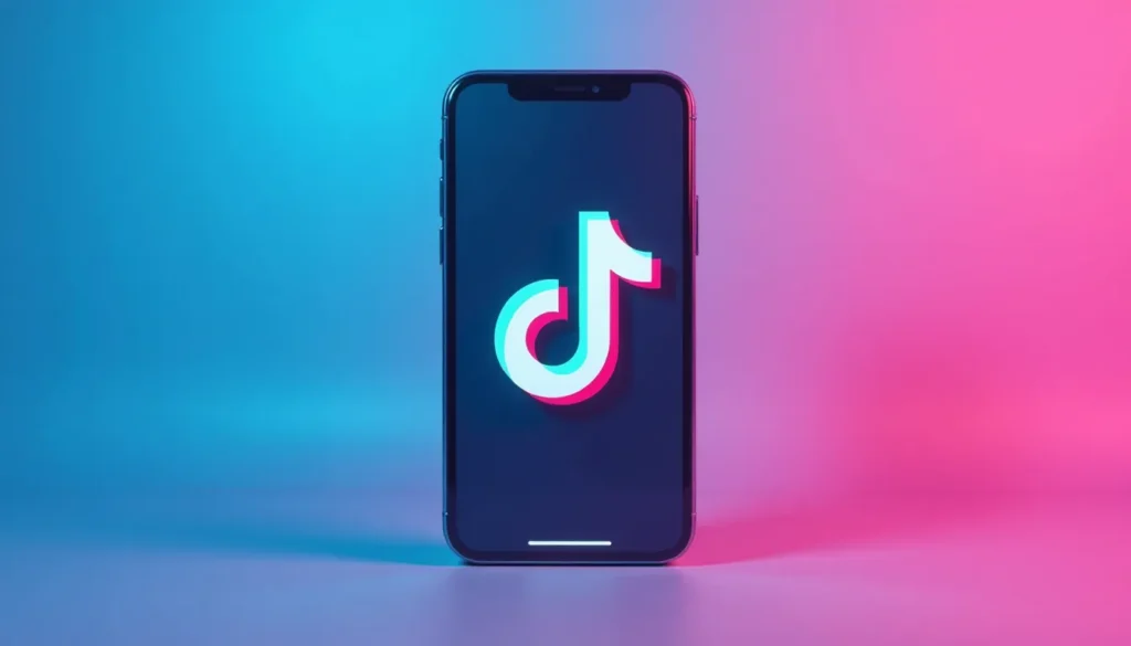 Imagem de um smartphone exibindo o logotipo do TikTok em um fundo com iluminação azul e rosa, representando a popularidade da plataforma de compartilhamento de vídeos.