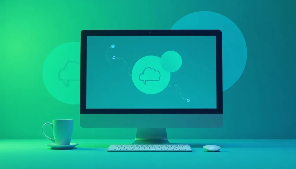 Computador moderno exibindo gráficos em um fundo verde, com uma xícara de café e um mouse ao lado, simbolizando tecnologia e produtividade.