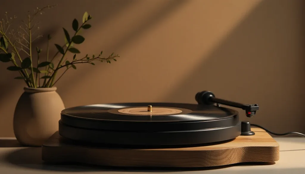 Toca-discos elegante sobre uma base de madeira, com um vinil preto em destaque, ao lado de um vaso de cerâmica com folhagens verdes, iluminado por luz suave.