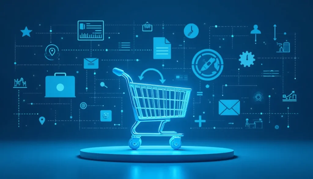 Carrinho de compras digital iluminado em azul com ícones tecnológicos, simbolizando comércio eletrônico e interatividade, em fundo com elementos gráficos relacionados a dados e comunicação.