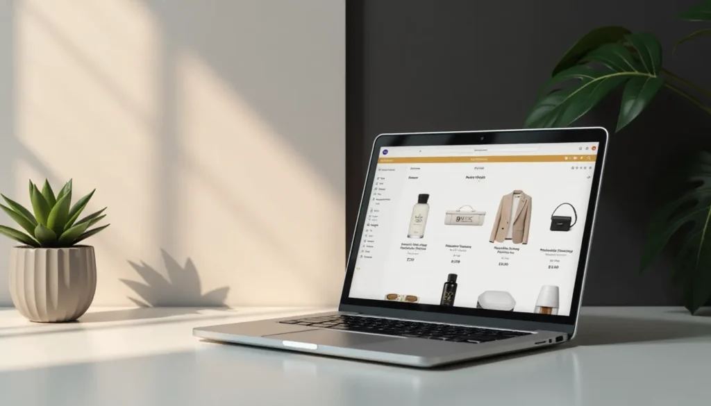 Computador portátil exibindo uma loja online com produtos de moda e beleza, incluindo roupas, acessórios e itens de cuidado pessoal, sobre uma mesa branca com uma planta decorativa ao lado e iluminação natural.
