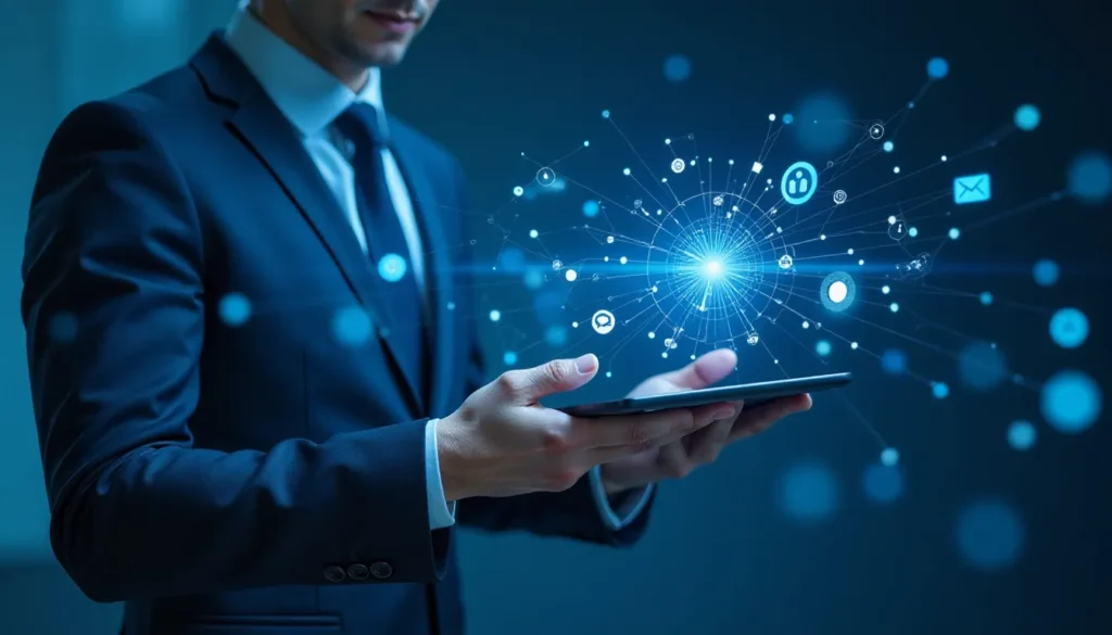 Homem de terno segurando um tablet, com um fundo azul e gráficos digitais representando conectividade e tecnologia da informação.