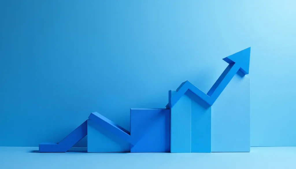 Gráfico de crescimento em cores azuis, representando aumento de performance ou vendas, com formas geométricas em formato de seta ascendente. Ideal para ilustrar temas de finanças e negócios.